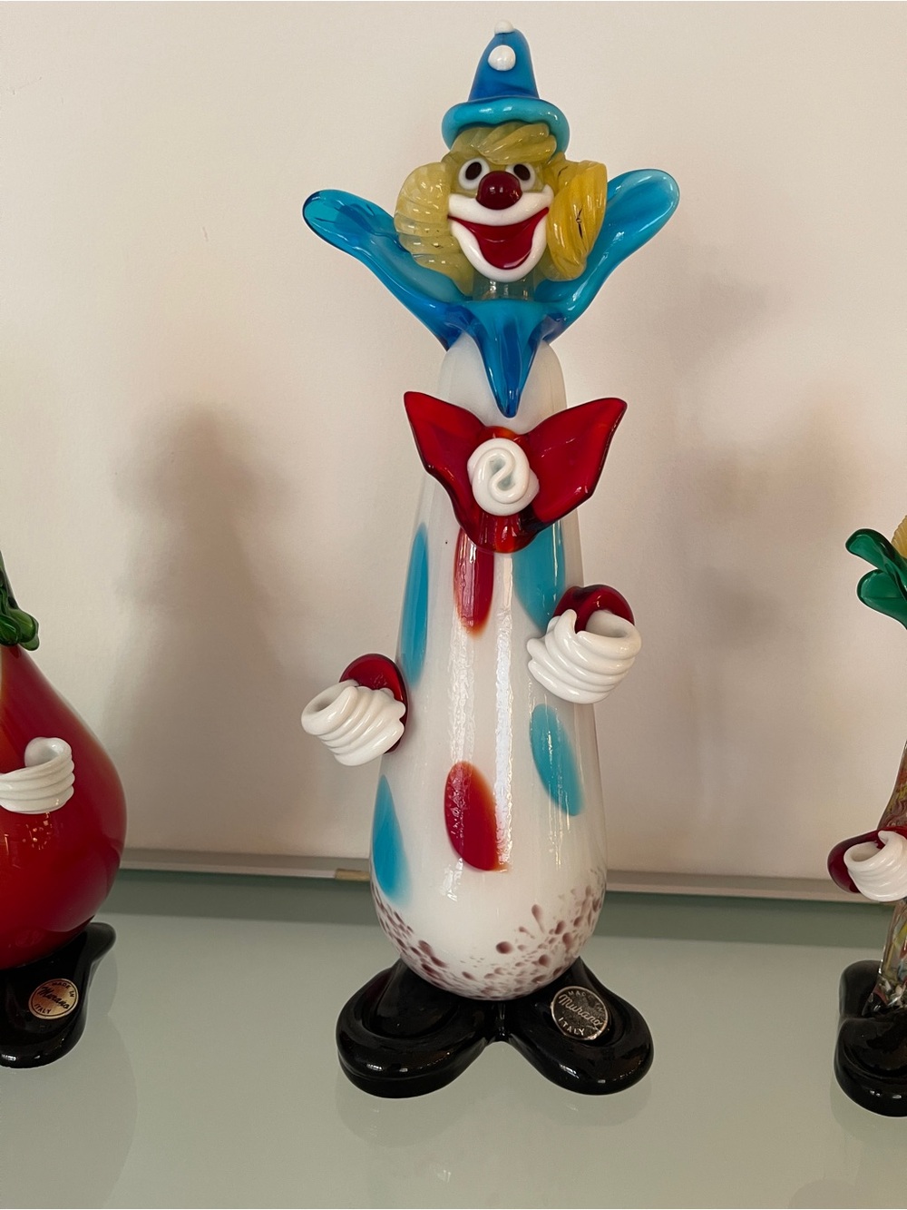 Murano Glass Clown Sculpture in White, Blue & Red with Yellow Hair
